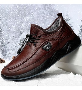 Men Winter Warm Plush Lining Elastic Lace Non Slip Casual Leather Flats