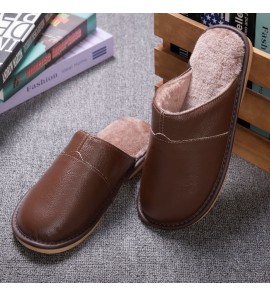 Men Winter Thick-soled Non-slip Warmth Comfy Leather Home Cotton Slippers